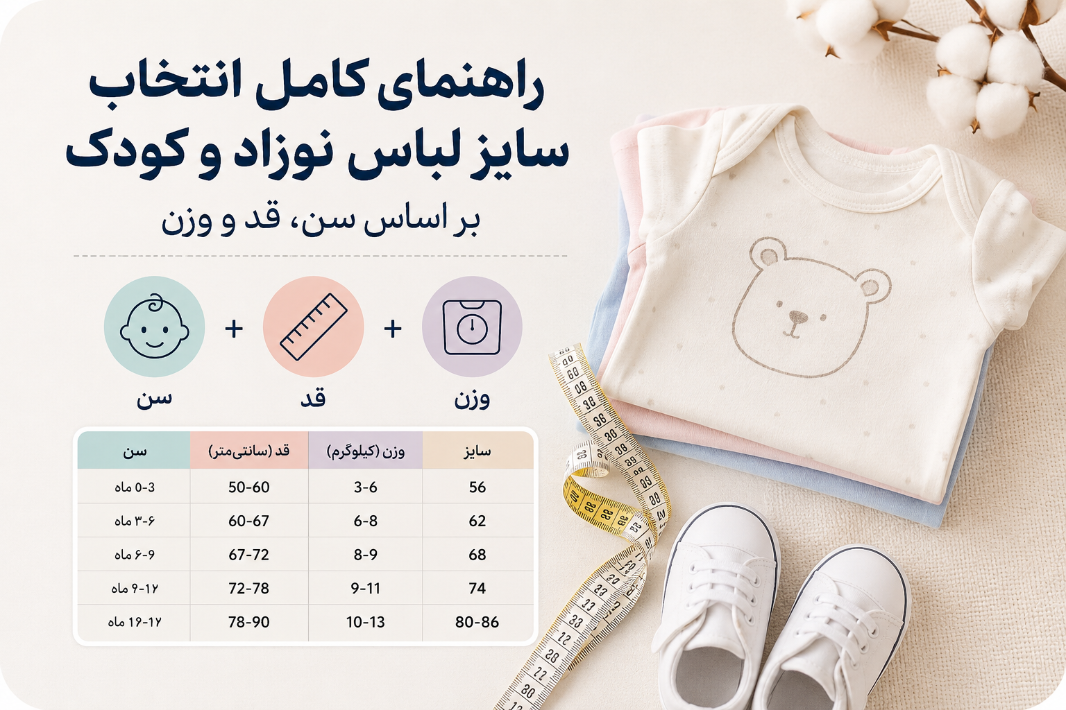 راهنمای کامل انتخاب سایز لباس نوزاد و کودک بر اساس سن، قد و وزن